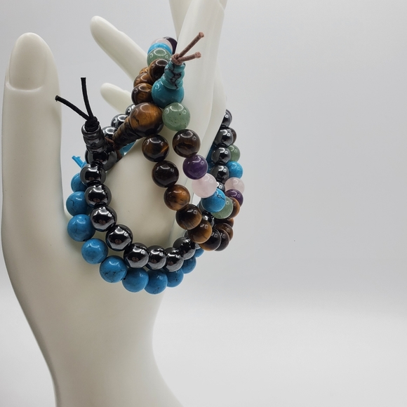 Gemstone Beaded Stretch Bracelet Tigers Eye Quartz Amethyst Turquoise Hematite - Picture 6 of 7